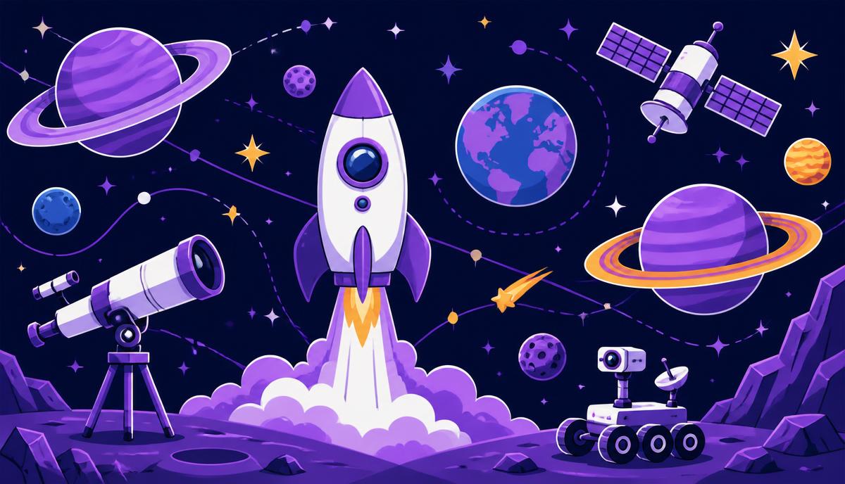 Flat vector illustration of a launching rocket, ringed planets, a satellite, a telescope and a small rover on a purple surface