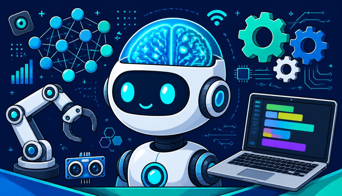 Flat vector illustration of a friendly robot with a glowing circuit brain, a robotic arm, a sensor board and a laptop showing code