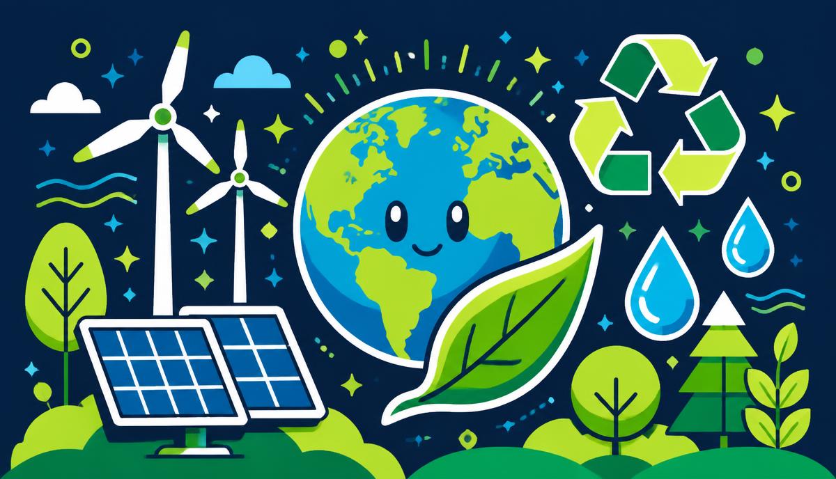 Flat vector illustration of wind turbines, solar panels, a smiling globe, a green leaf, recycling arrows and water droplets