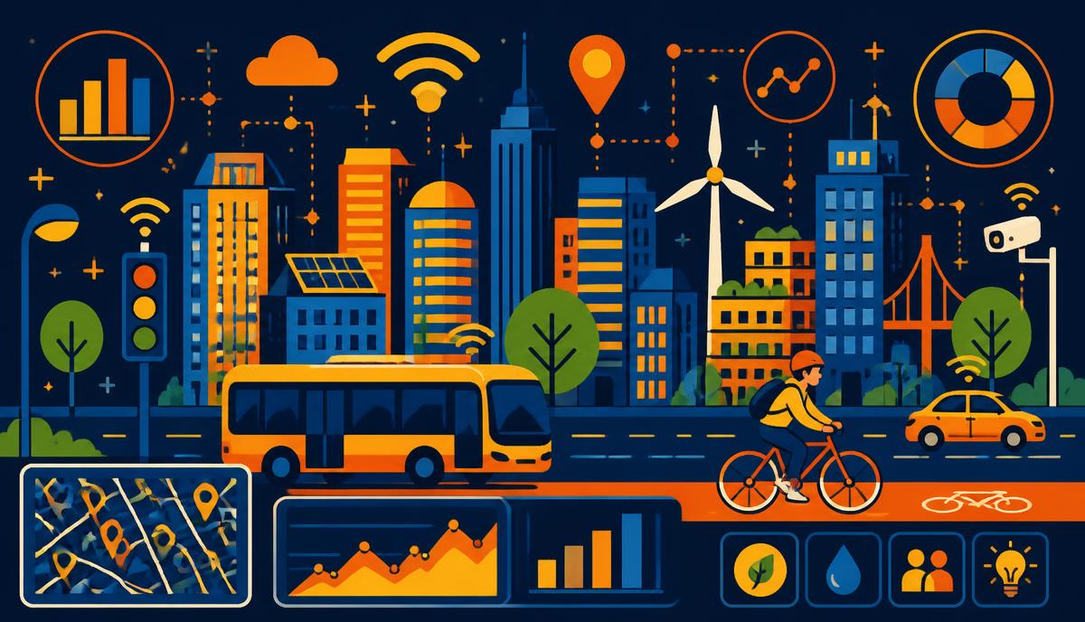 Flat vector illustration of a connected city skyline with a bus, cyclist, traffic lights, map pins, wifi signals and data charts